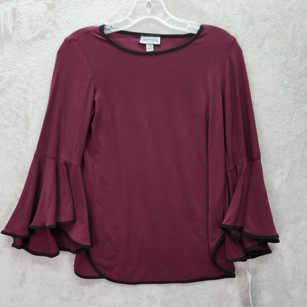 Sam And Jess Womens Petite Small Bell Sleeve Burgundy Black Contrast‎ Trim Knit